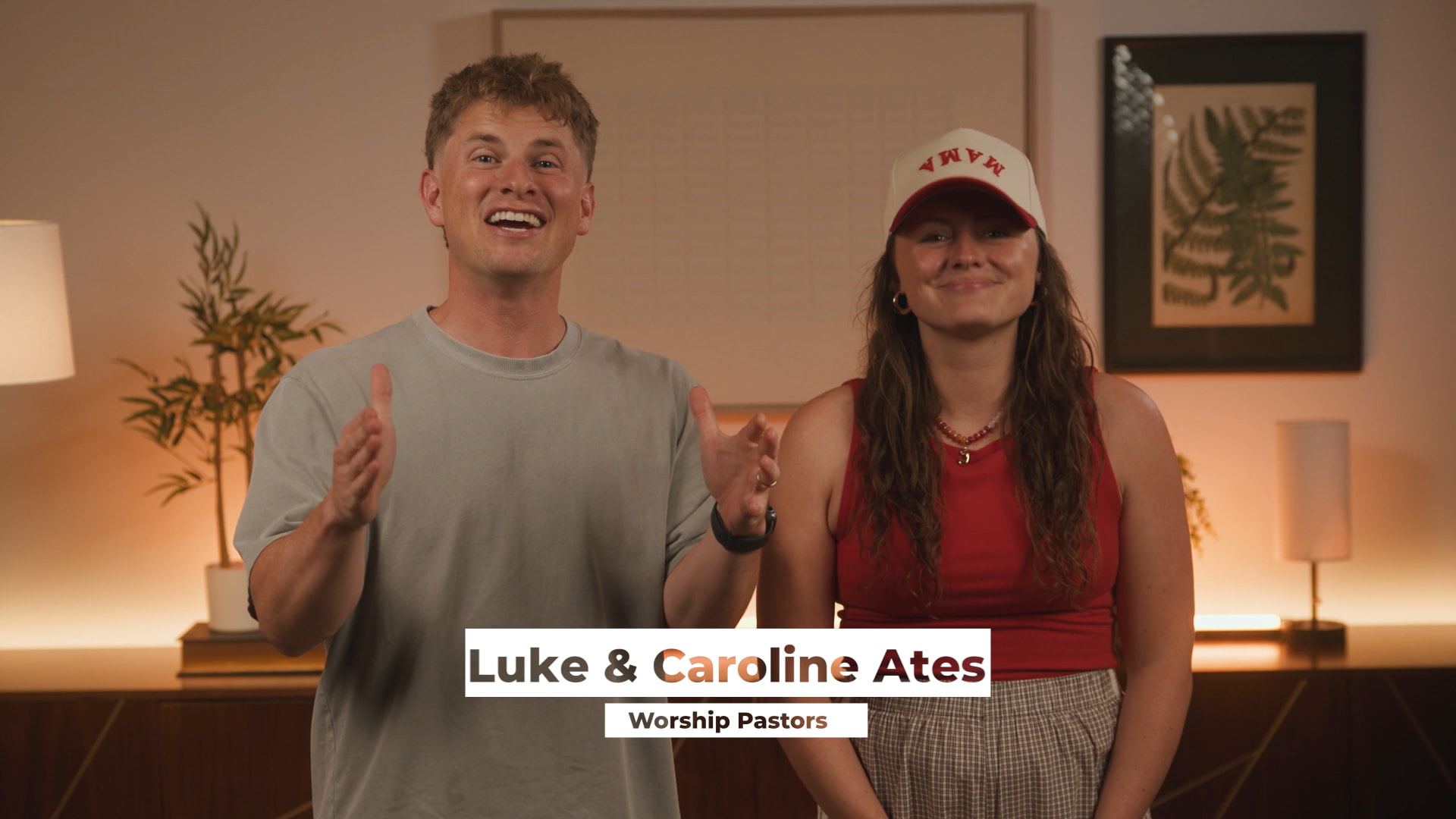 Luke and Caroline Ates, Worship Pastors, inviting you to watch